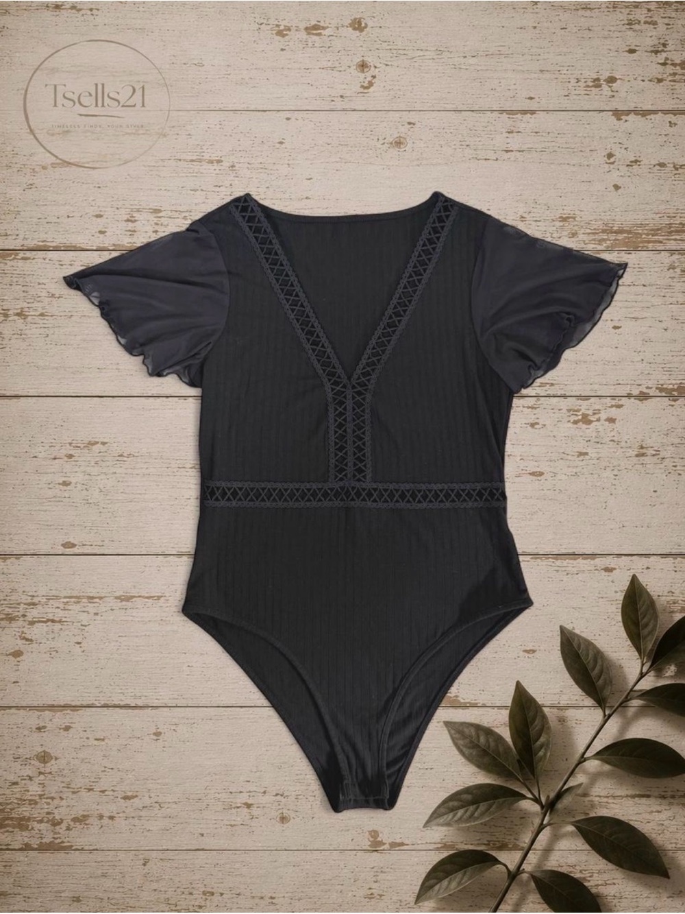 SHEIN Priv Black Contrast Mesh Flutter Sleeve Bodysuit - Size L